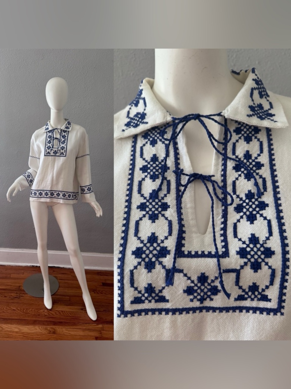 Vintage White Hippie Blue Embroidered Boho Top Blouse M/L